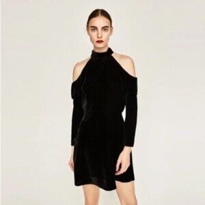 ZARA Black Velvet Cold Shoulder Mini Dress